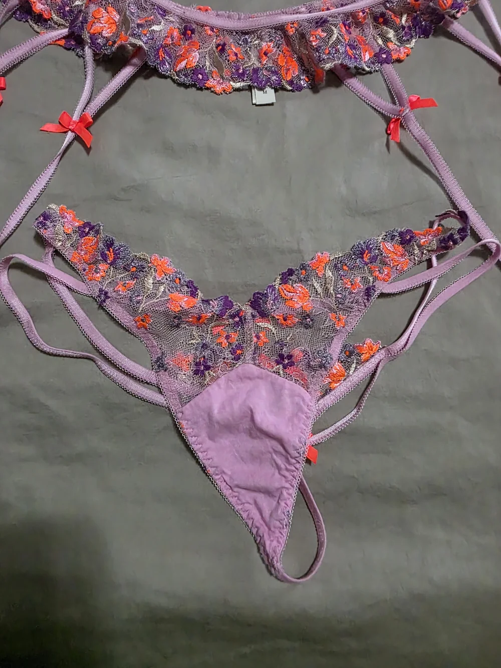 For Love & Lemons Lavender Floral Embroidered Lingerie Set with Neon Accents